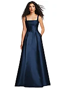 Boned Corset Closed-Back Satin Gown with Full Skirt and Pockets