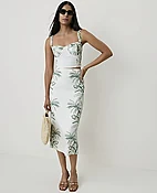 Palm Print Column Midi Skirt in Linen Blend
