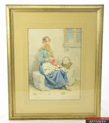 Antique 19th Century Original Watercolor Painting Lady w/ Beard Signed Forrini?