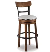 Signature DESIGN BY ASHLEY Valebeck 30.5 in. Brown High Back Wood Bar Height Stool with Polyester Upholstery Seat