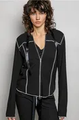 Ribbed Knit Ribbon Tie Hoodie Top