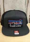7 Panel Bull City Skyline Durham NC Patch Trucker Hat Charcoal/Black