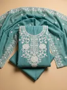 Aqua Blue Embroidery Cotton Blend Unstitched Dress Material