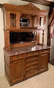 American Victorian Oak Marble Top Sideboard with Curio Cabinets