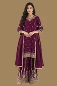 Burgundy Silk Sharara Set with Gold Zari Embroidery