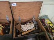 Lot 017 - Wooden Workshop Boxlot Grouping with Tools Including Bit Brace, Hammer, and More