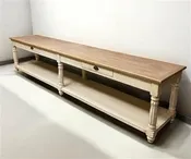 12' Antiqued Kitchen Island with Drawers, Store Counter Display Harvest Table, A