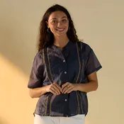 Contrast Stitch Button Front Blue Top