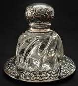 abp inkwell, sterling silver, American brilliant cut glass, NYC, 5" t