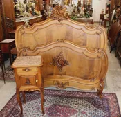Antique French Louis XV Solid Walnut Bed & Nightstand, Hand Carved Full Size Bedroom Set