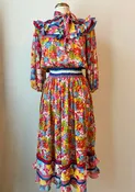 1980’s Diane Freis Ruffled Floral on Stripe Sheer Dress, Size Medium