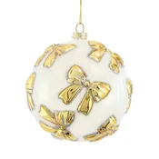 100MM Glass White Ball With Gold Bow Ornament
