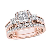 1 CT. T.W. Quad Princess-Cut Diamond Three Stone Frame Vintage-Style Bridal Set in 14K Rose Gold