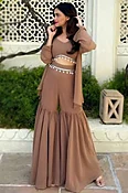 Brown Georgette Indo-Western Sharara Set with Lace Work for Wedding