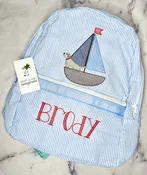 Baby Blue Seersucker Large Backpack with Dog in Sailboat- Sketch Design Series