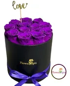 12 PRESERVED PURPLE ROSES IN A ROUND BOX
