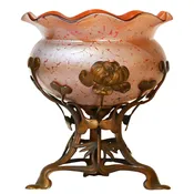 American Art Nouveau Art Glass Bowl in Stand