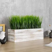 14 Inch Faux Green Grass Plant in Shabby Whitewashed Wood Window Plant Box