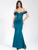 Callista Teal Satin Lace Corset Maxi Dress (Archive Sale)