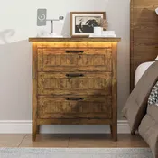 3-Drawer Dresser Nightstand w/ Charging Station & Lights, Modern Wood Chest of Drawers, Storage Organizer Cabinet for Bedroom & Closet