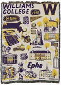 Beautiful full color woven blanket featuring Williams College buildings and graphics. Ivory