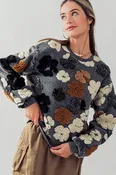 RELAXED FIT SHERPA FLORAL PATTERN CREWNECK SWEATER