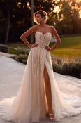 Beaded Lace Strapless A-Line Gown With High Slit