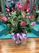 Dozen Lavender Roses with Baby's Breath