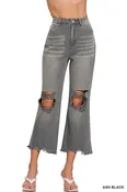Ash black Washed Distressed Cropped denim
