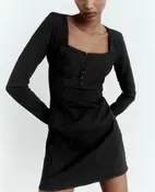 Zara black denim eye hook front long sleeve mini dress NWT