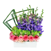 AF 150-20 Purple Orchid & Pink Rose Modern Geometric Vase Floral Arrangement