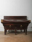 19th Century French Butcher’s Block Table with Backsplash Dark-Stained and Brass Mounted