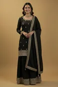 Black Silk Sharara Set with Gold Zari Embroidery