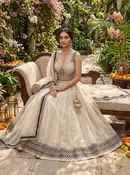 Champagne Radiance | Champagne Organza Corset Lehenga Choli with Embroidered Navy Border | Palkhi Fashion