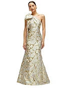 Bow One-Shoulder Gold Leaf Brocade Maxi Dress with Trumpet Skirt