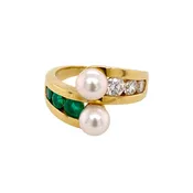 18K Gold Emerald, Diamond and Pearl Bypass Ring