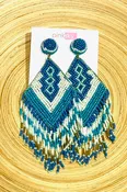 Beaded Abstract V  Fringe Earrings -Turquoise