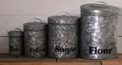 4pc Zinc Canister Set, Tea, Sugar, Flour, and Coffee
