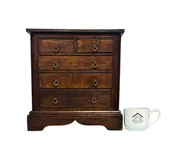 Antique Salesman Sample of 2 Over 3 Graduated Drawer Dresser with Bail Pulls , Resting on Block Foot Support and Scalloped Skirt. — White Barn Antiques