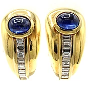 18 Karat Yellow Gold Cabochon Sapphire Diamond Hoop Earrings