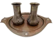 A. E. Jones Copper & Silver Pair of Vases and Tray in Arts & Crafts Style