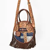 AMERICAN DARLING Tooled Leather Denim Canteen Bag Cowhide Fringe