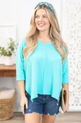 Aqua Ribbed Dolman Sleeve V-Neck Top