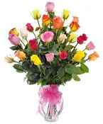 2 Dozen Roses in Vase – Designer Choice of Colors (Excludes Red)