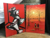 1972 Hobbs Painted Canvas, Chess Pieces Gameroom Decor, Couple Under Burning Sun
