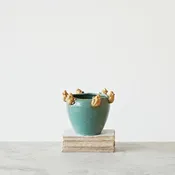 Green Stoneware Planter with Frogs on Rim