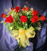 1-10 “Devoted” Dozen Roses with Fluff- Choose-RED,WHITE,PINK/LAVENDER,YELLOW, or ORANGE Vase w/ Fluff