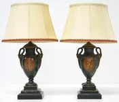 A Pair of Neoclassical Regency Style Tole Urns with Swan Handles as Lamps