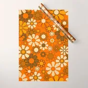 70s Retro Floral Pattern Groovy Garden Flowers in Orange and Brown Wrapping Paper