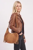 WESTERN FAUX SUEDE FRINGE HOBO BAG WITH ADJUSTABLE STRAP